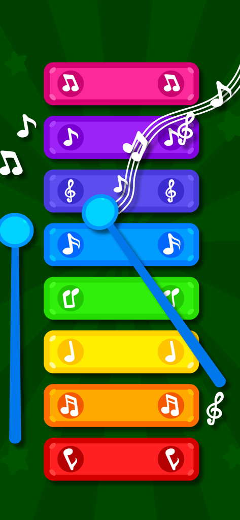 Uno xilofono digitale colorato con otto barre arcobaleno e due martelletti in un gioco educativo per bambini