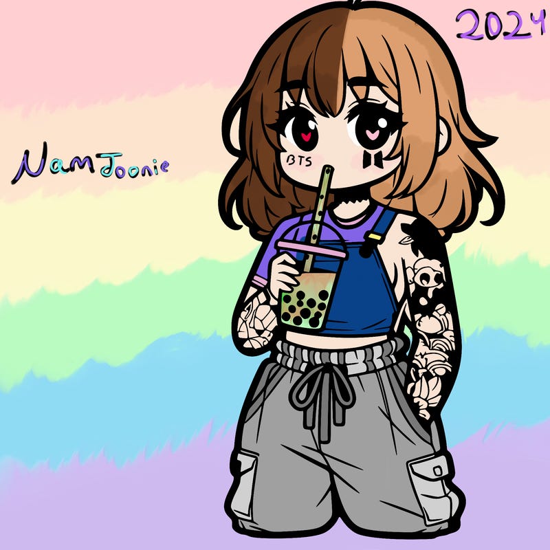 anime woman drinking boba baggy clothes tattoos