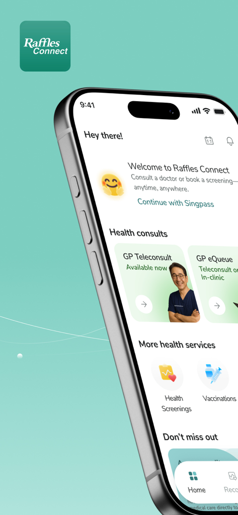 Raffles Connect - Raffles Connect app home screen showing telehealth services and health screening options