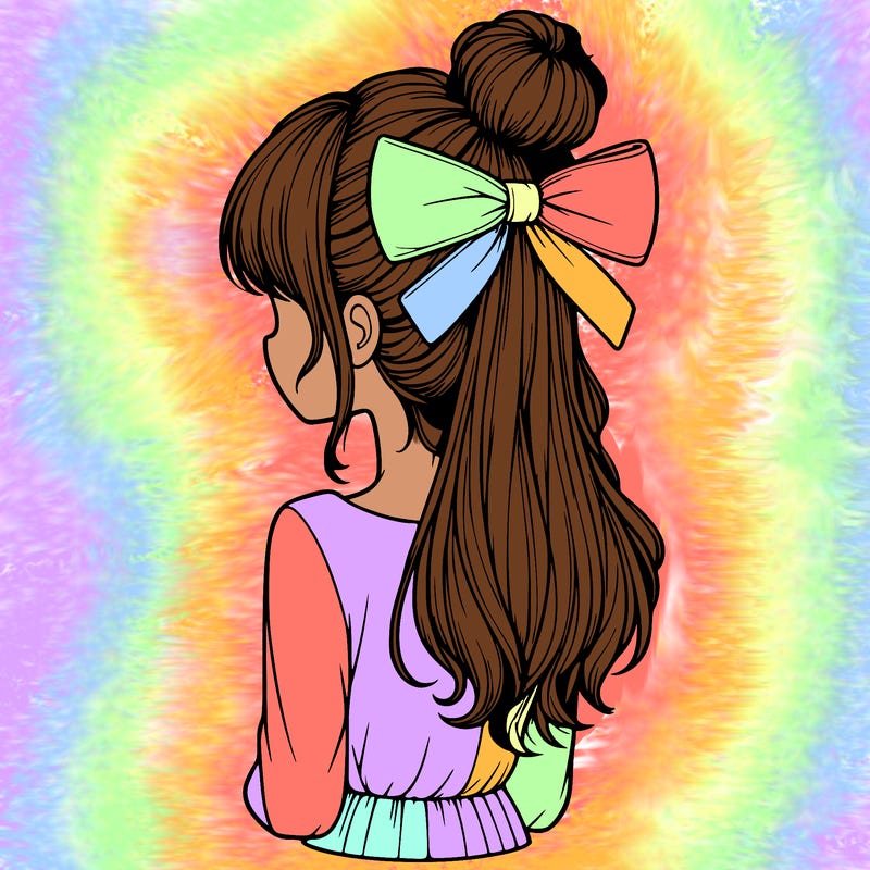 realistic girl  with hip length hair a bun and a big bow on the back of head