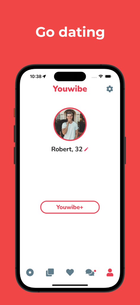 Youwibe - Dating App & Flirt - Youwibe dating app profile screen showing a thirty two year old user named Robert with a link to Youwibe Plus