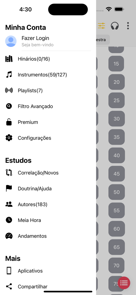 Hinário 5 CCB - Side menu of the Hinário 5 CCB app showing account and study options