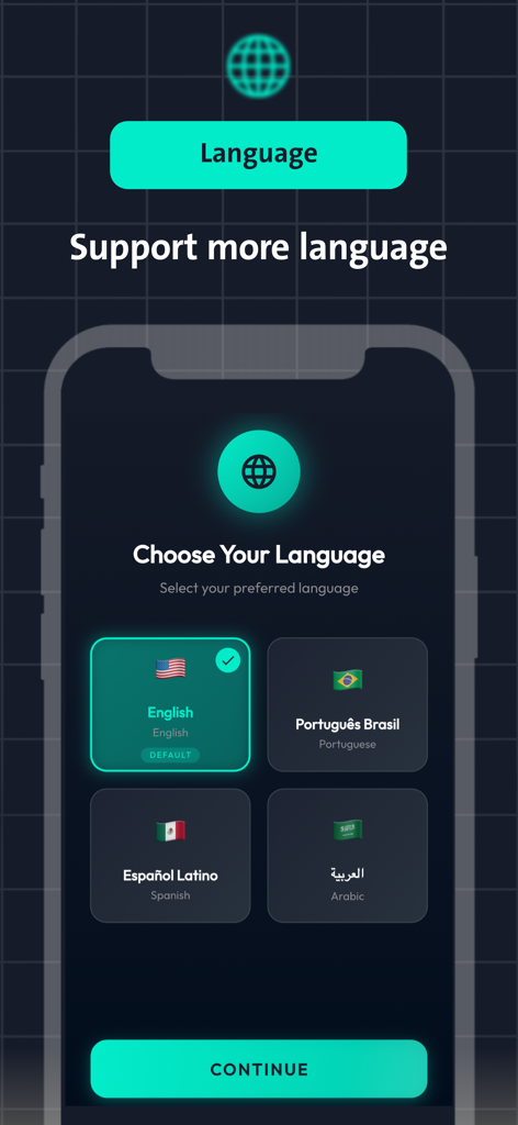 FFH Quatro - Language selection screen for the FFH Quatro app with options for English Portuguese Spanish and Arabic