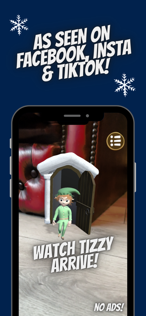 Tela de realidade aumentada mostrando o elfo de Natal Tizzy aparecendo em uma casa através de uma porta mágica.