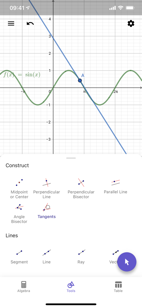 GeoGebra Calculator Suite - Oberfläche der GeoGebra Taschenrechner-Suite mit einem Sinuswellengraphen und Werkzeugen zur geometrischen Konstruktion