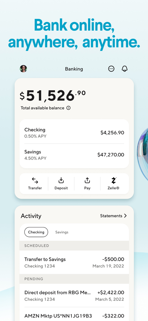 SoFi mobile app interface showing checking and savings account balances and recent transaction activity