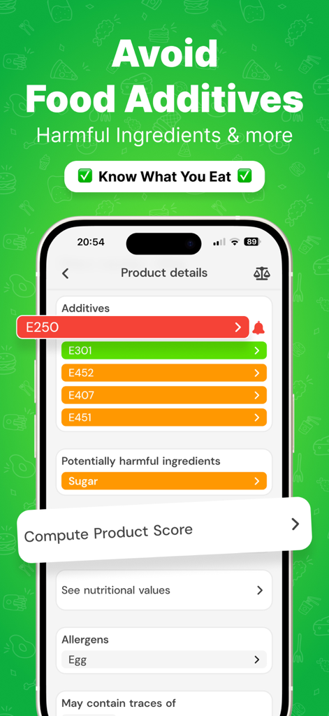 NutriSmart 앱 인터페이스가 식품 첨가물, 유해 성분 및 알레르겐 감지 세부 정보를 표시하는 모습