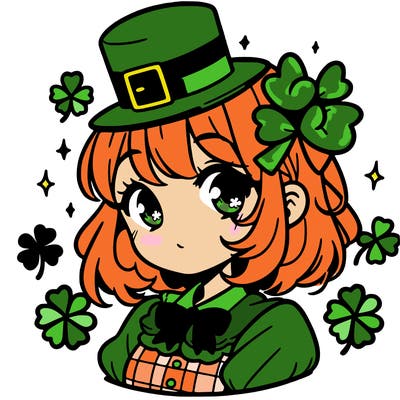 a manga-style girl with clovers around her, a little hat in her hair, like it's saint patrick's day