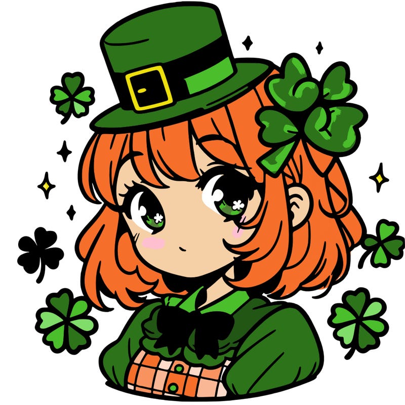 a manga-style girl with clovers around her, a little hat in her hair, like it's saint patrick's day