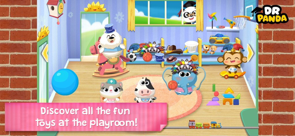 Dr. Panda Daycare - Personajes animales animados jugando en una colorida sala de juegos con varios juguetes