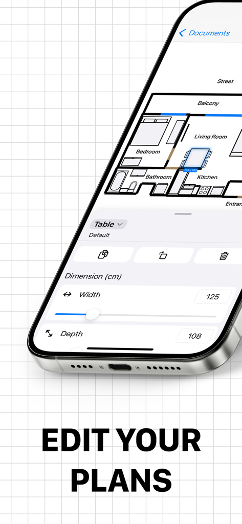 Um smartphone mostrando a interface do aplicativo CamPlan onde um usuário está editando as dimensões de uma mesa em uma planta baixa 2D