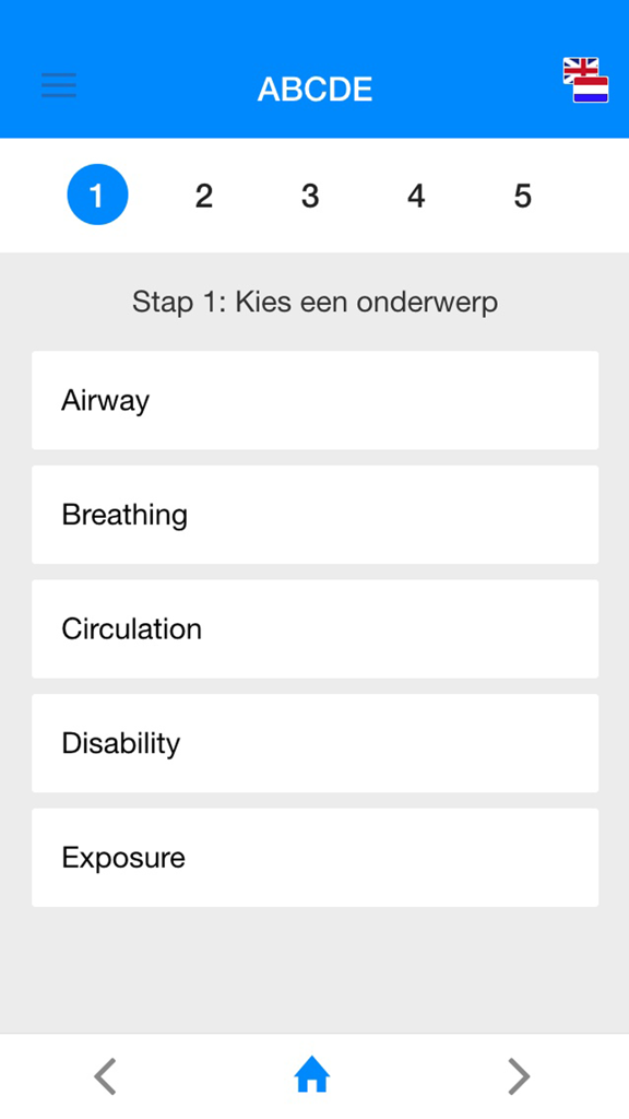 ABCDE app - ABCDE medical app interface showing Step 1 assessment categories including Airway and Breathing.