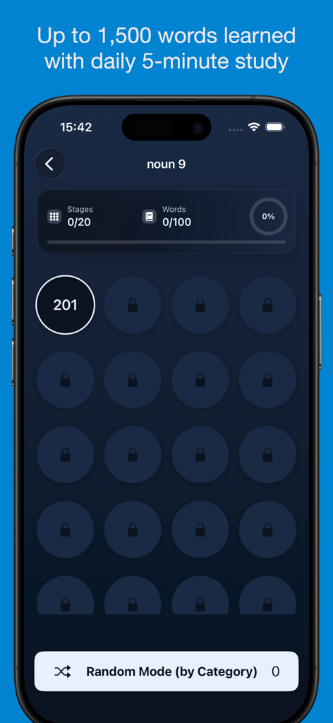 Basic Italian Vocabulary App - Interface of the Basic Italian Vocabulary App showing locked and unlocked learning stages for noun categories with progress tracking.