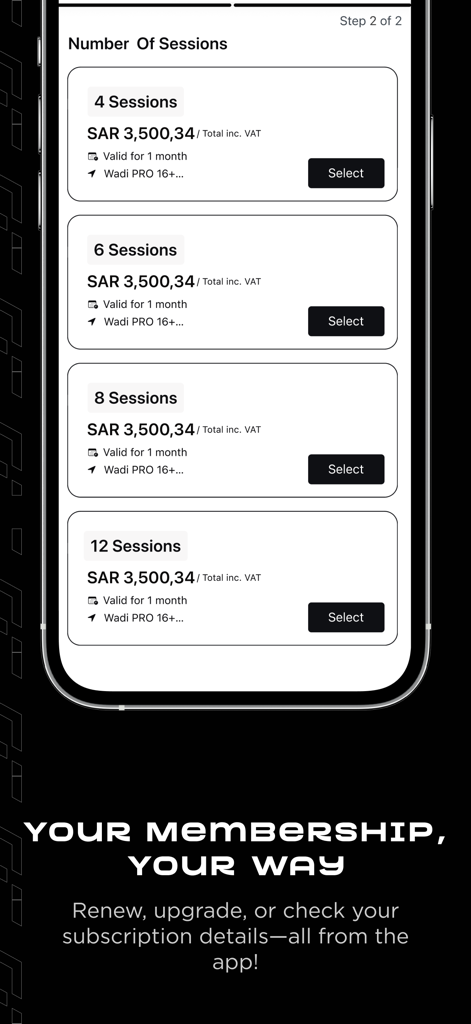 Fitness Time | وقت اللياقة - Pantalla de la aplicación Fitness Time que muestra paquetes de sesiones de membresía y detalles de precios.