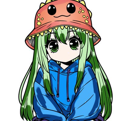 girl with anime shaped eyes with a dinosaur bucket hat oversized sweatshirt long straight hair