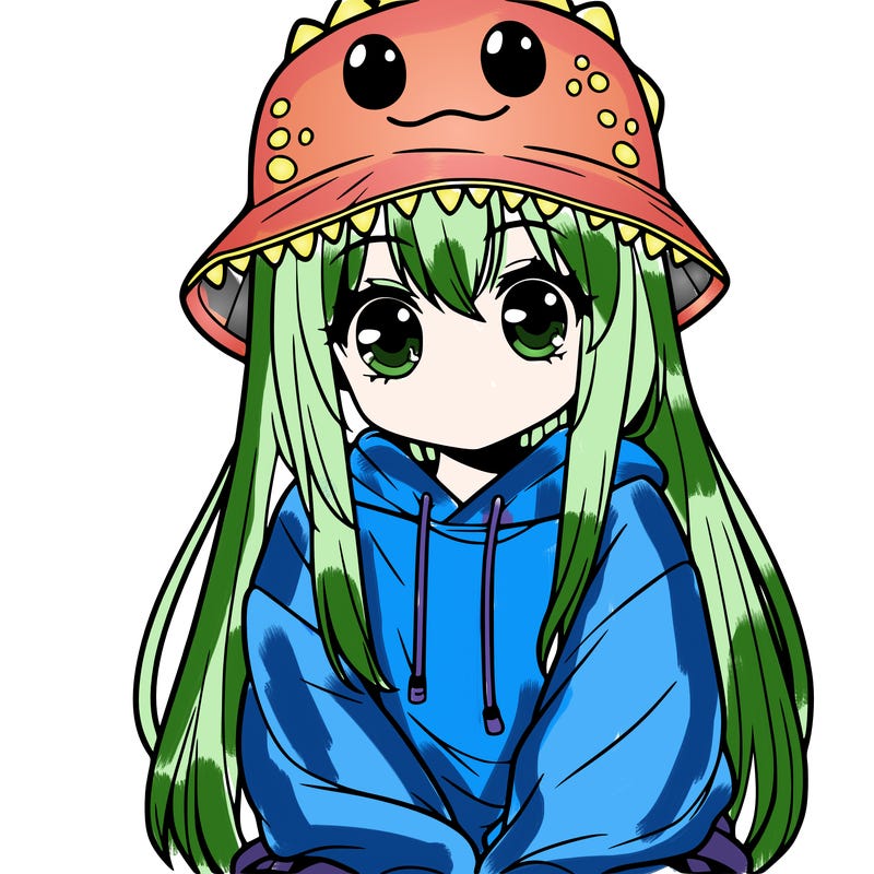 girl with anime shaped eyes with a dinosaur bucket hat oversized sweatshirt long straight hair