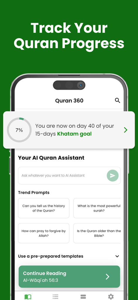 Quran 360: AlQuran English - Quran 360 app interface displaying reading progress and an AI assistant for spiritual guidance.