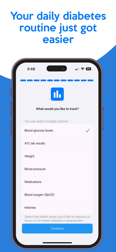 Interfaz de la aplicación de seguimiento de diabetes que muestra opciones de seguimiento de salud como glucosa en sangre y medicamentos