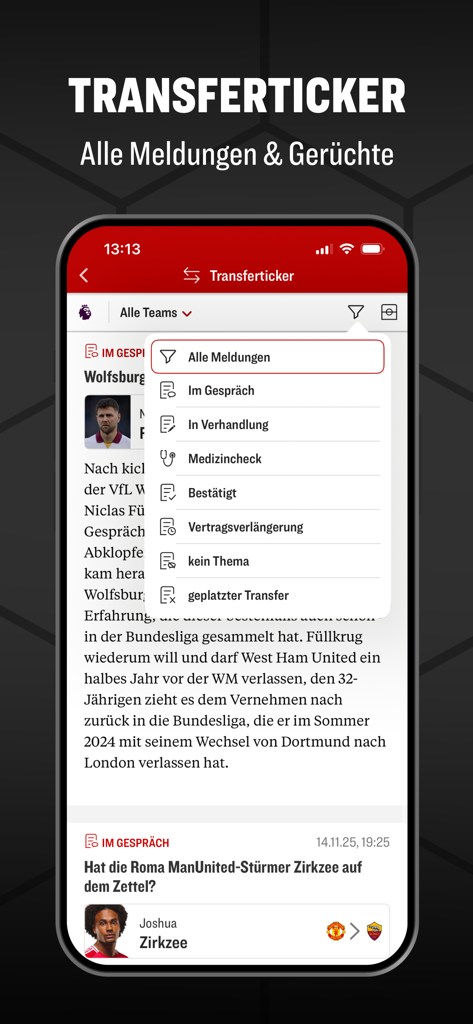 kicker Fußball News - kicker app transfer ticker screen showing soccer news and rumors with a filter menu for transfer status