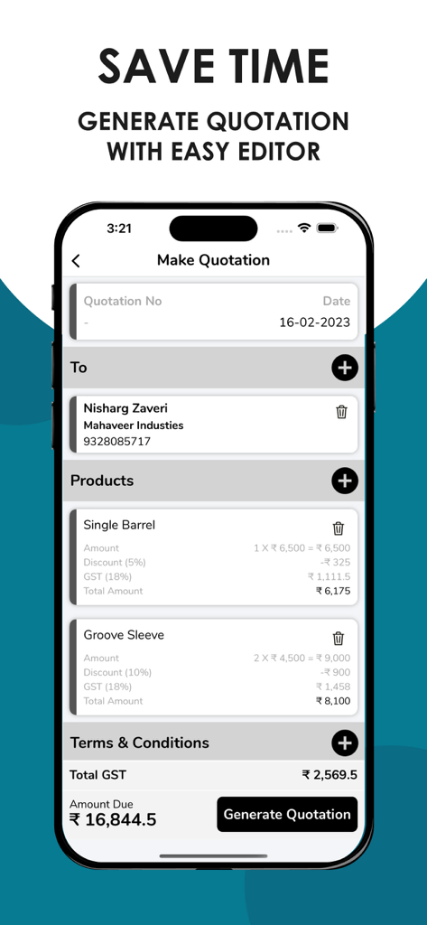 Quotation Maker - Interface de aplicativo móvel do Quotation Maker mostrando a tela de criação de cotações com itens de produto e valor total