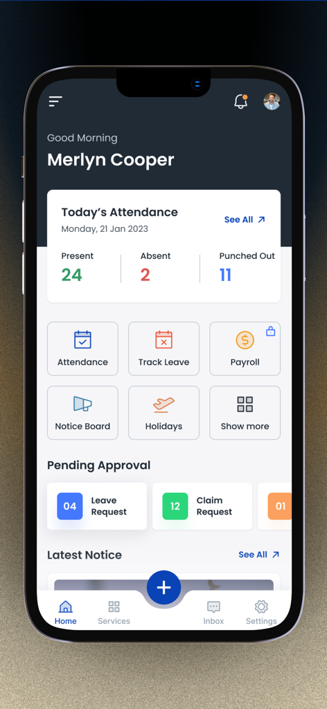 The main dashboard of the Attnd app showing today's attendance summary and management icons like payroll and track leave