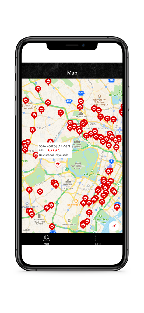 Interactive map of Tokyo showing curated ramen shop locations in the Ramen Beast app.