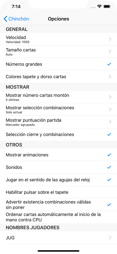 iChinchon - The options menu of the iChinchon app showing customizable game and display settings in Spanish