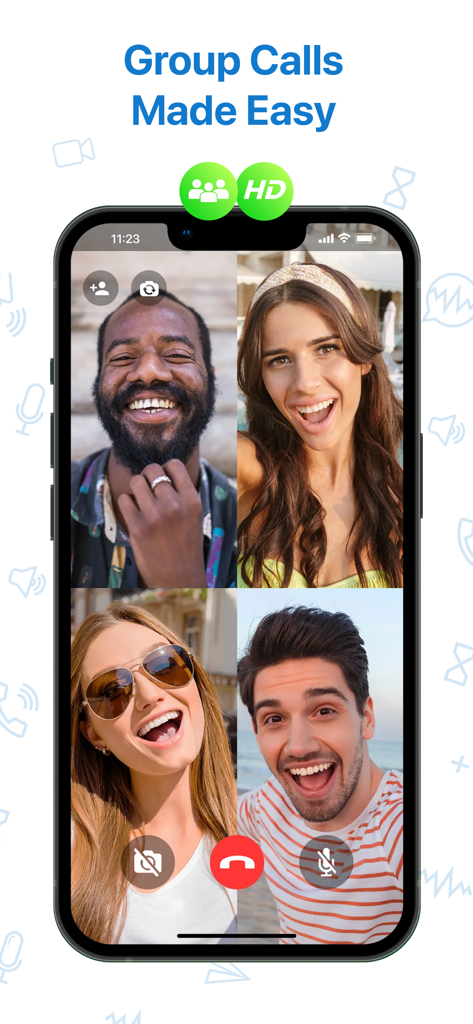 Video Call & Chat LinkLive - Eine Gruppe von vier jungen Erwachsenen nimmt an einem HD-Videoanruf in der LinkLive-App teil