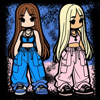 girl in baggy pants crop top and long hair