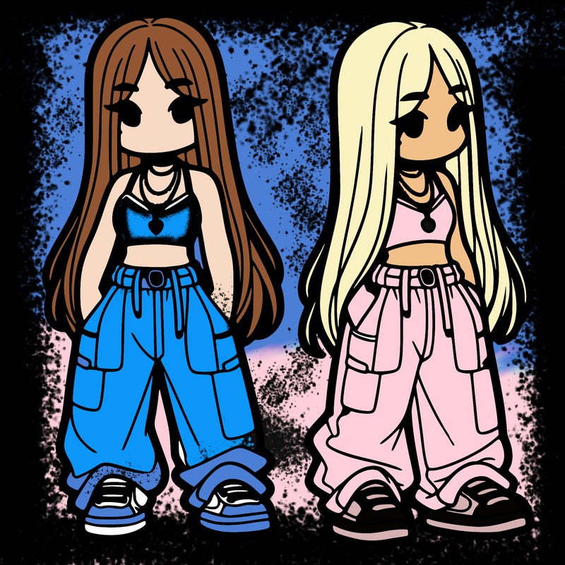 girl in baggy pants crop top and long hair