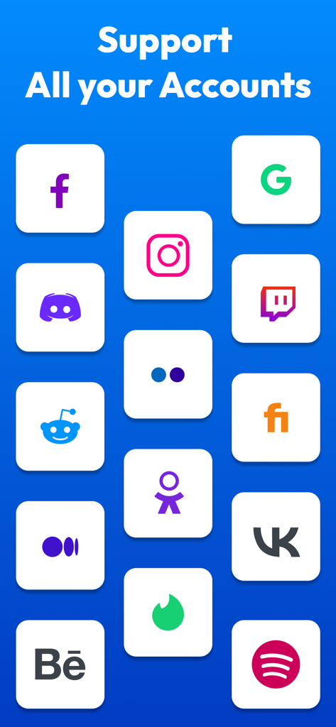 Interfaz de la App Authenticator mostrando soporte para varias cuentas como Google, Facebook, Instagram y Discord para autenticación de dos factores