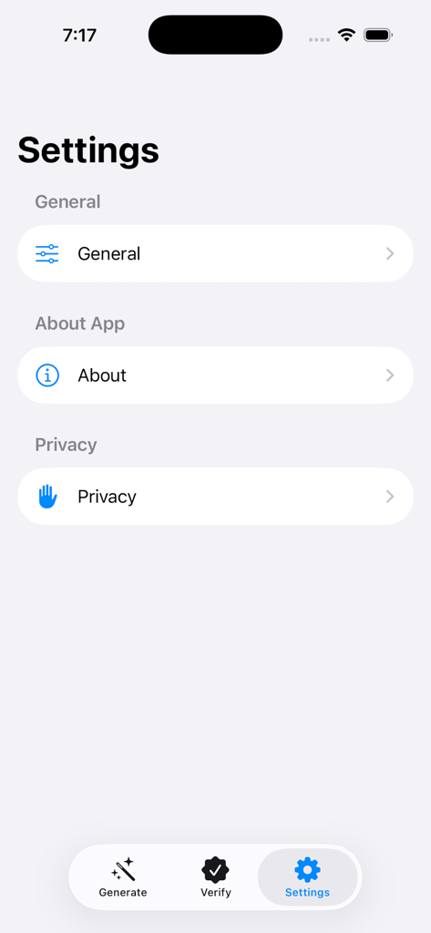 Credit Card Generator - Settings menu of the Credit Card Generator app showing options for general configuration, app information, and privacy policies.