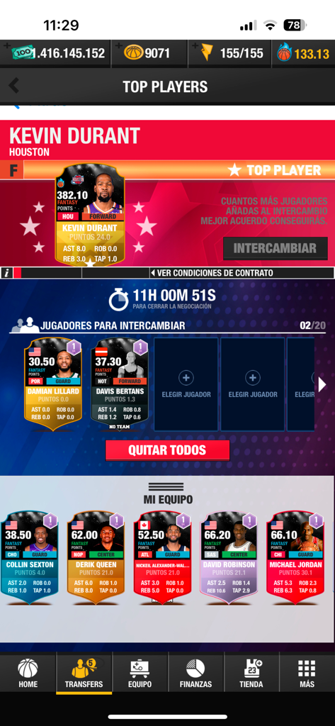 Basketball Game Manager 24 - Basketball Game Manager 24 player trading interface showing Kevin Durant and Michael Jordan cards