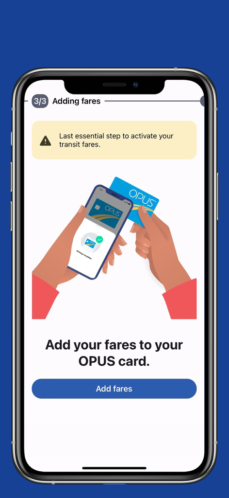 Smartphone screen showing how to reload an OPUS card by tapping it against the device