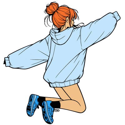 realistic girl jumping with a bun and oversized sweatshirt