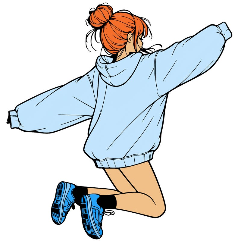 realistic girl jumping with a bun and oversized sweatshirt