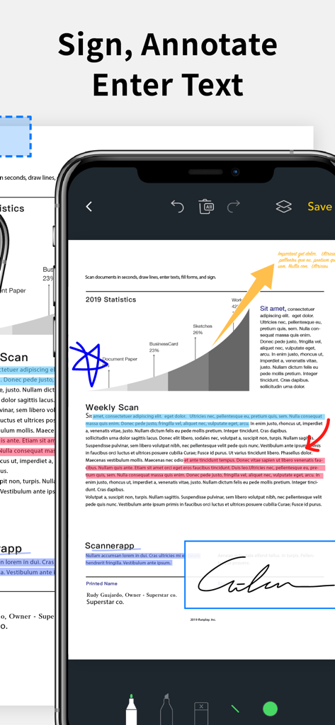 iPhone screen showing the Scanner App Pro interface for signing, annotating, and highlighting text on a PDF document