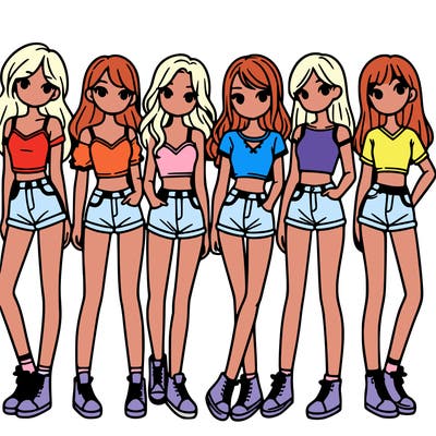 a group of girls wearing crop tops and shorts
