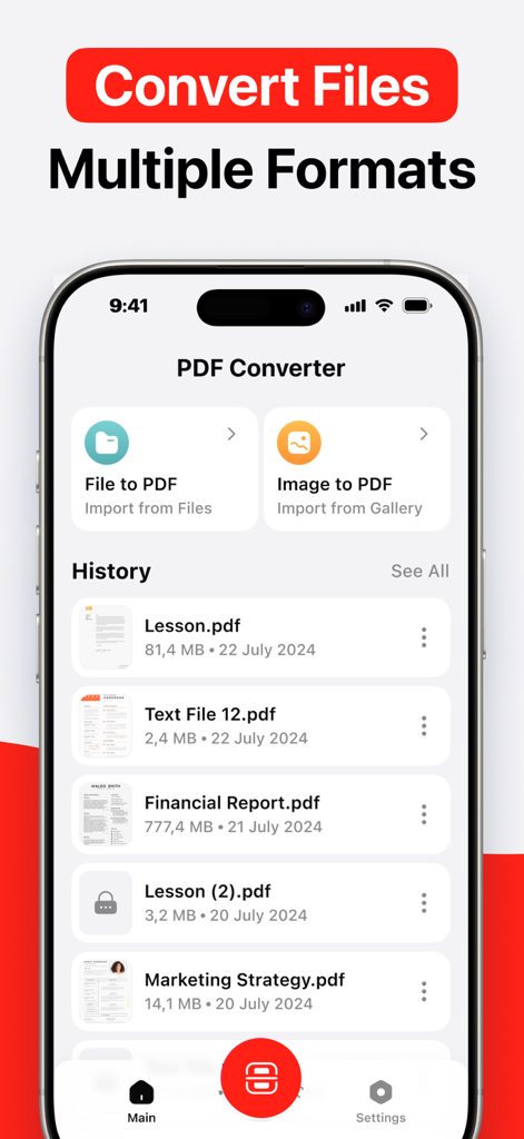 PDF Converter・Convert, Scanner - ファイルをPDFに変換するためのオプションを示すPDFコンバーターのモバイルアプリインターフェース