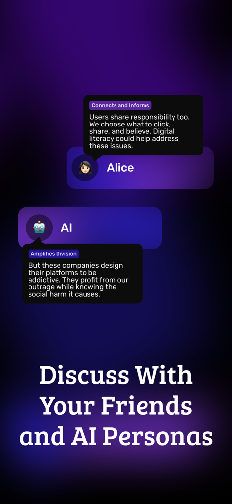 A chat interface in the Apol app showing a structured debate between a human user and an AI persona about social media impact.
