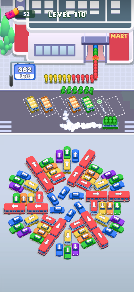 Bus Escape: Traffic Jam - Jogabilidade de Bus Escape Traffic Jam mostrando um puzzle de classificação de cores com autocarros e bonecos.