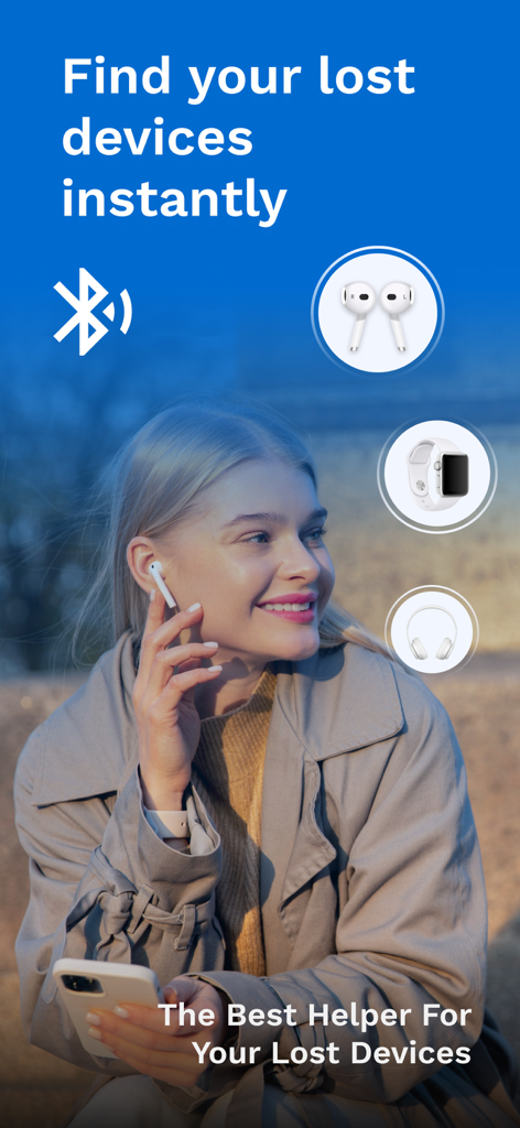 A woman using her phone to find lost bluetooth devices like airpods and apple watch