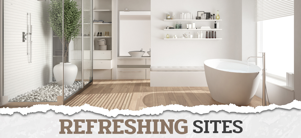 Design My Home Makeover: Words - Interior de baño minimalista moderno con bañera blanca y ducha de cristal