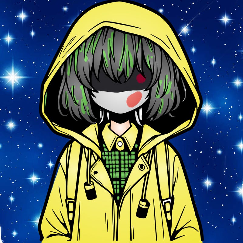 little anime girl in a raincoat her hair is covering her eyes she has a lighter
