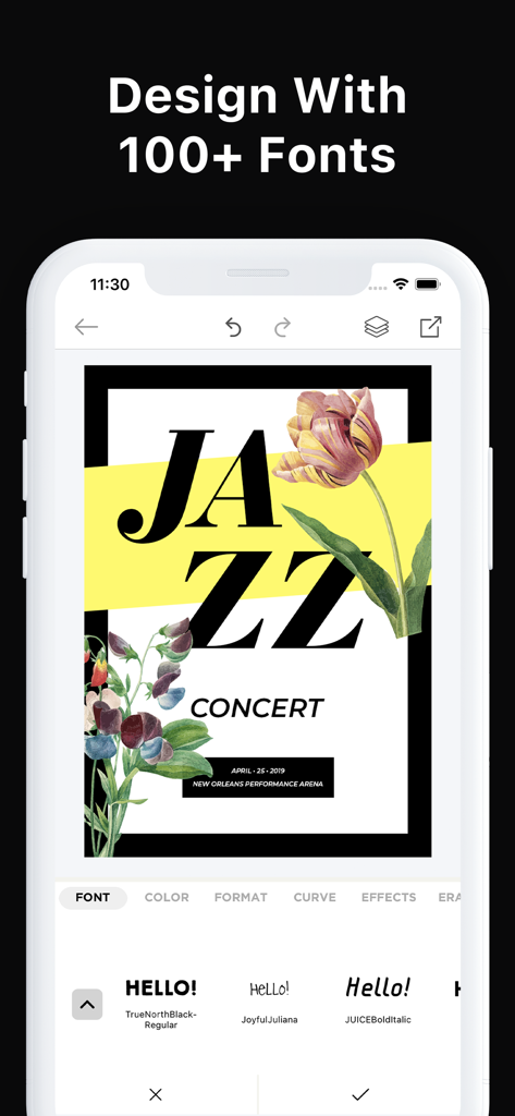 Poster Maker + Flyer Creator - Una pantalla de teléfono móvil que muestra la interfaz de la aplicación Poster Maker con un diseño de flyer para un concierto de jazz y una variedad de opciones de fuentes artísticas.