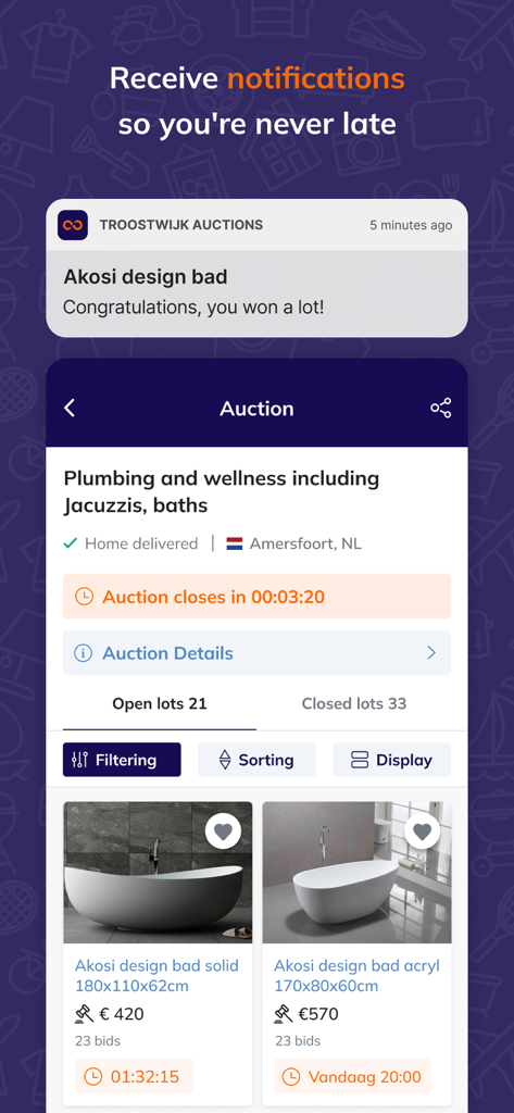 Troostwijk Auctions mobile app interface showing a winning bid notification and active lots for plumbing and wellness products