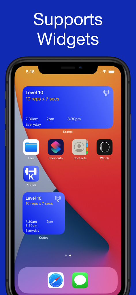 An iPhone home screen displaying medium and small Kratos Kegel Workout widgets showing level progress and daily exercise reminders.