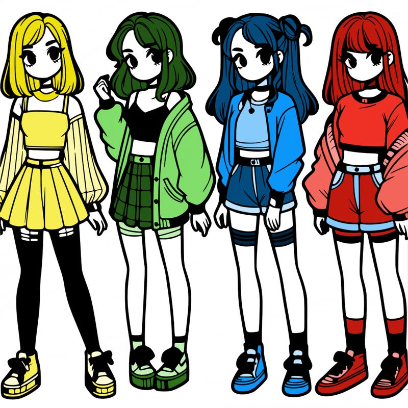 one girl with crop-top shirt and a jacket with a skirt, long socks and another girl with a shirt and pants with a jacket