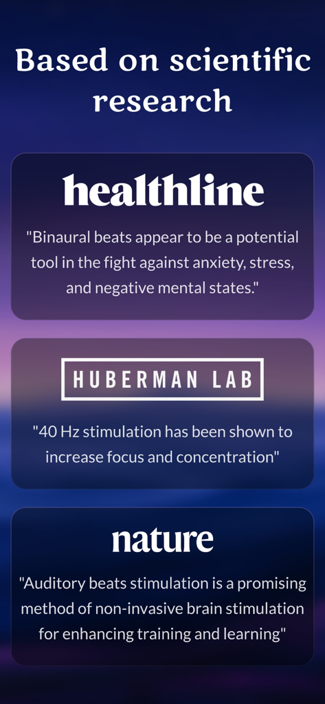 Healing Frequency Sleep Sounds - Healingo app screen showing scientific research citations from Healthline Huberman Lab and Nature regarding the benefits of binaural beats