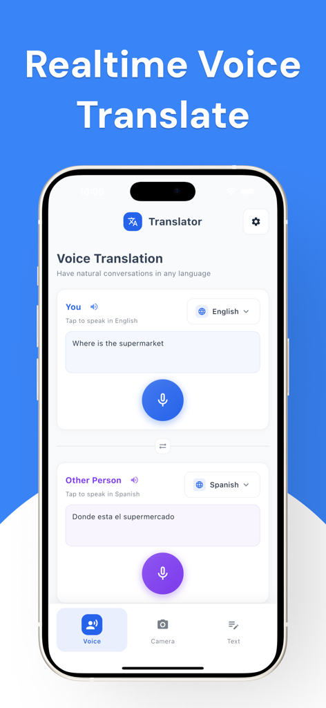 Live Translator - Voice & Text - Screenshot of the Live Translator app showing real time voice translation between English and Spanish speakers